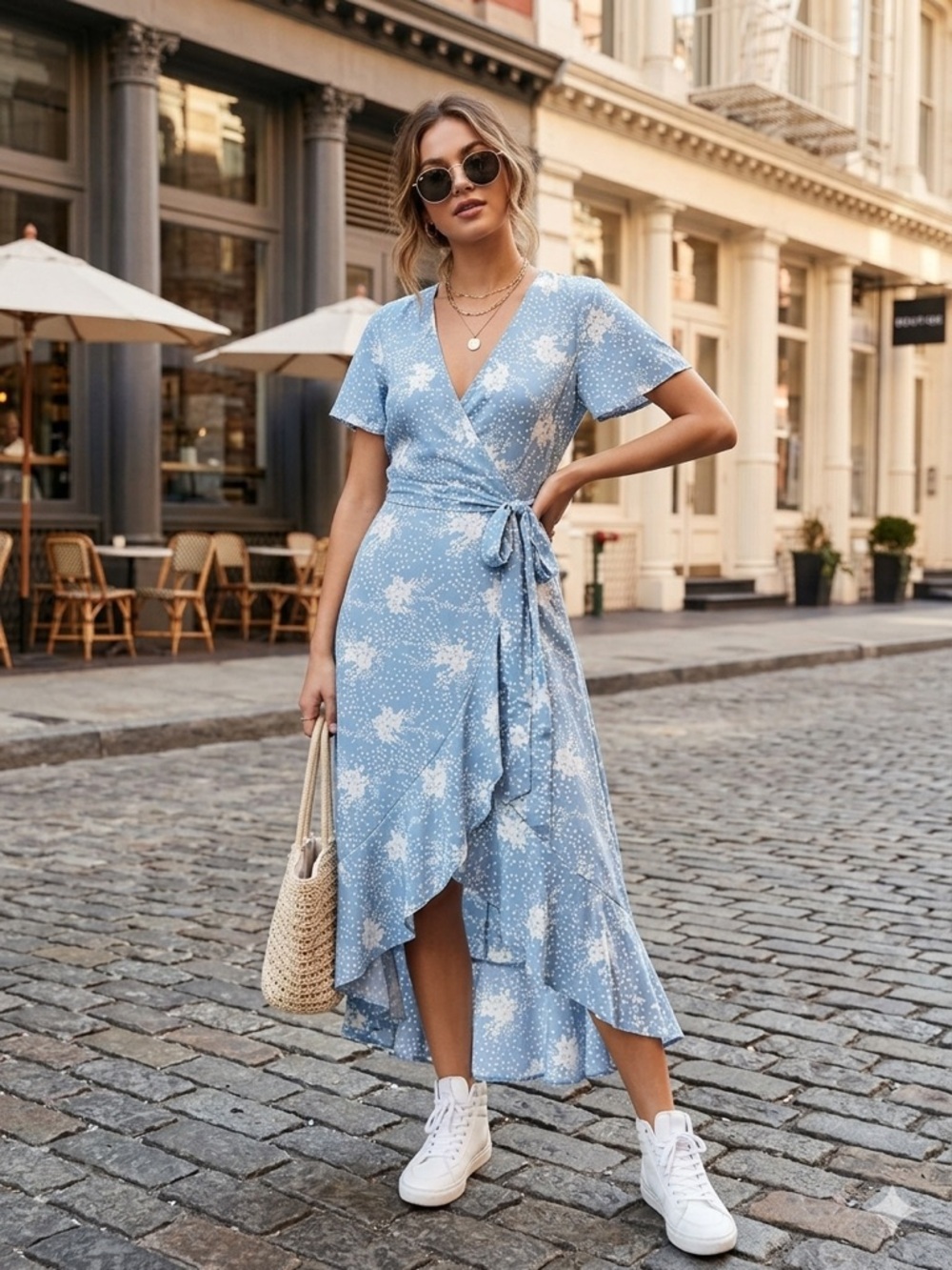 Simplee Blue Floral High-Low Wrap Dress - Size S